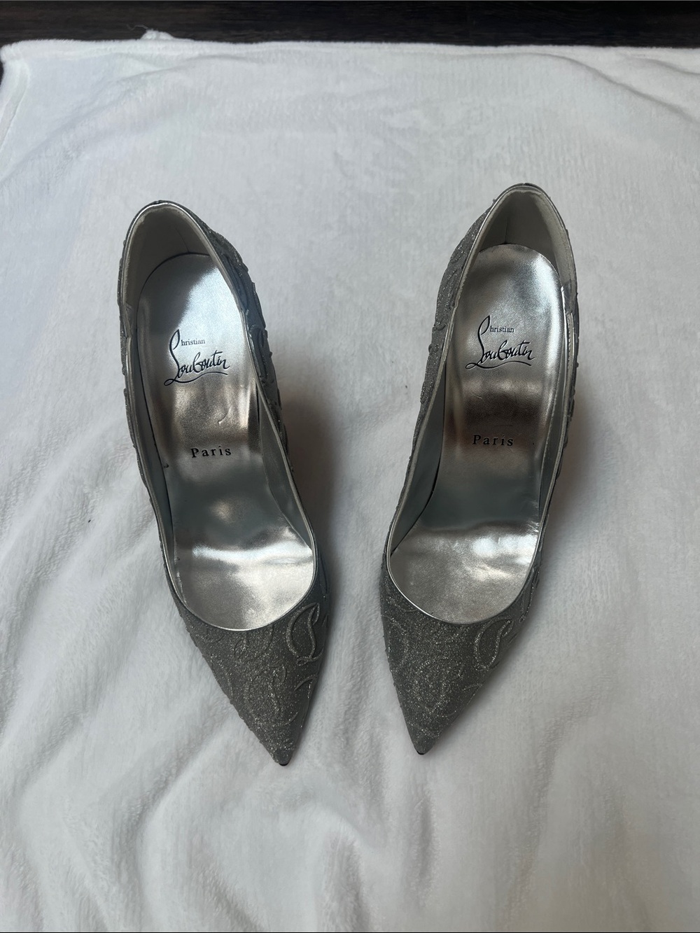 Christian Louboutin Silver Glitter Pointed Toe Pumps